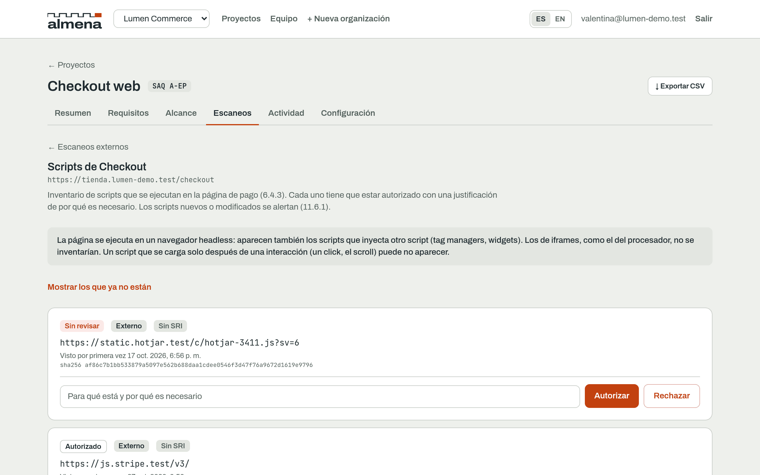 Inventario de scripts de la página de pago con su estado y justificación